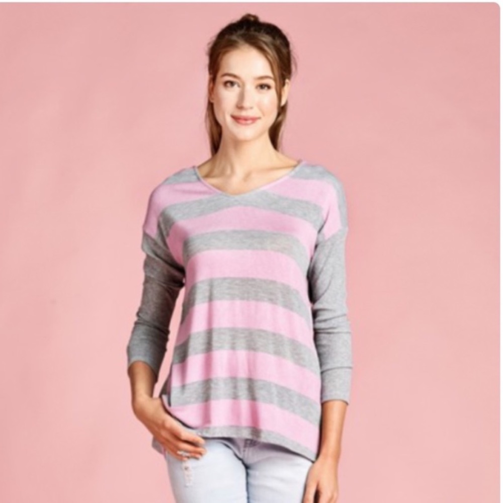 SALE ODDI Heather Gray Pink Stripe Twist Back Top - Picture 5 of 12
